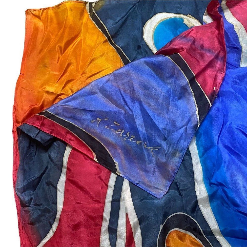 Hand Dyed Batik Abstract Artist Signed R Zarrouk Silk Scarf Long Colorful Shapes - Picture 3 of 3